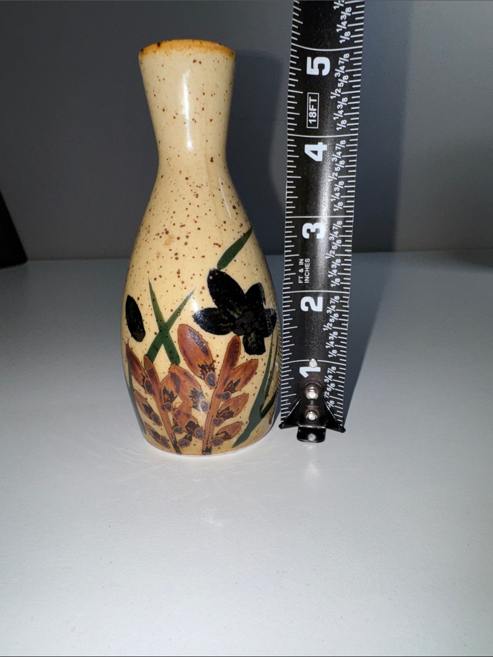 Vintage Japan Speckled Ceramic Bud Vase Hand Painted Floral 5” - Picture 2 of 10